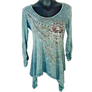 Vocal - Women's M Blouse Long Sleeve Ruched Arms Sharkbite Hem Bling